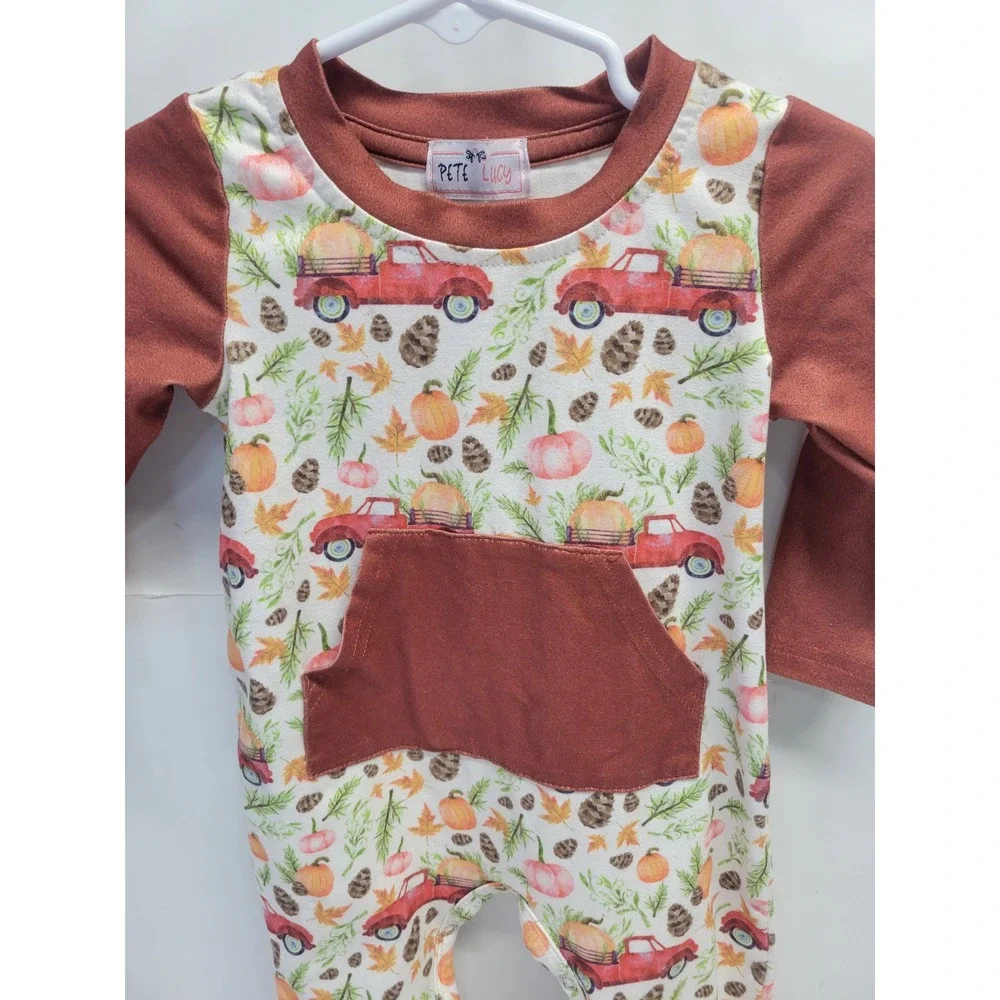 Pete + Lucy Kids Harvest Red Truck Pumpkin‎ Fall Romper Rust 6-9M